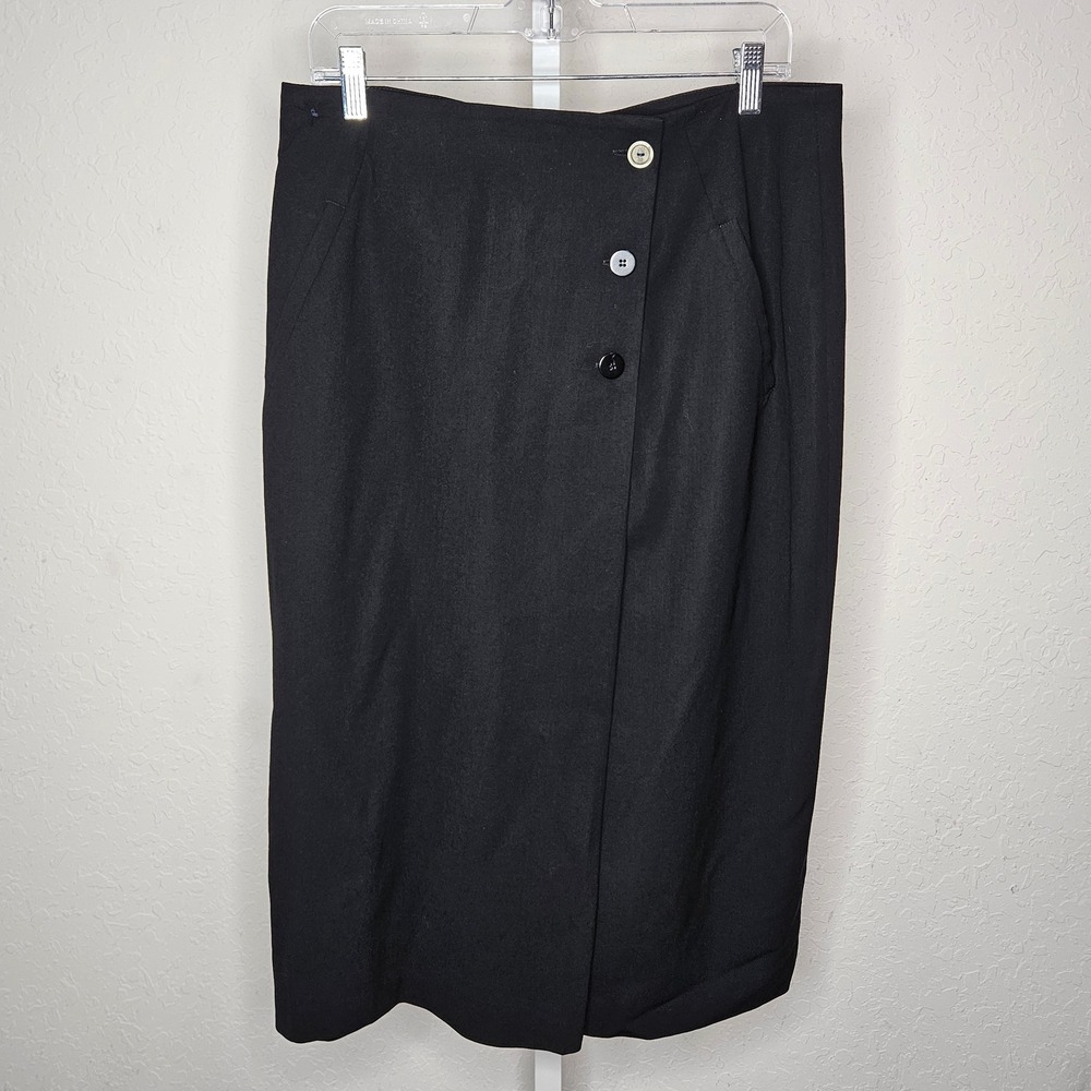 Vintage Evan Picone Black Wool Wrap Midi Skirt Size 16 USA Union Made 80s Plus